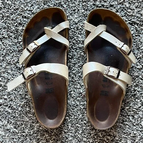 Birkenstock Arizona Sandals Women 7-7.5 (EU 38) Cream Slides Western Comfortable - Picture 1 of 6